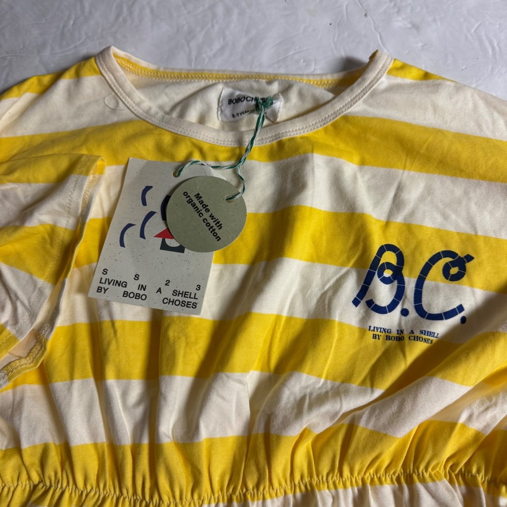 Bobo Choses Kids Yellow Stripe Organic Cotton Ruffle Dress 6-7 Years 122cm NWT
